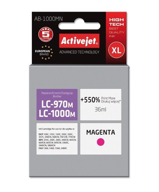 Activejet AB-1000MN Ink (replacement for Brother LC1000M/970M; Supreme; 35 ml; magenta). Prints 550% more.