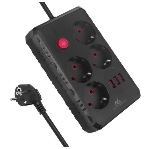Maclean power strip, 4-socket extension cable + 3xUSB, 110-240V AC 50/60Hz, 2.1A max 2500W, 3m, black, MCE393 B
