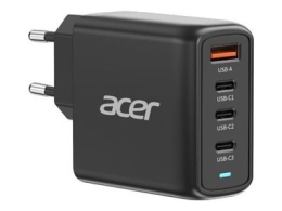 Acer 100W PD GaN Charger, 3 x USB C and 1 x USB A, Plug, 100W USB-C cable, Black, Retail Pack