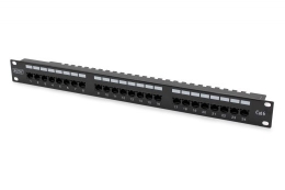 Patch panel 19'' 24x RJ45, LSA level, cat.6, unshielded, 1U, cable guide, labeling fields, black