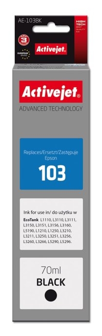 Activejet AE-103Bk Ink Bottle (Replaces Epson 103 C13T00S14A; Supreme; 70 ml; 4500, black).