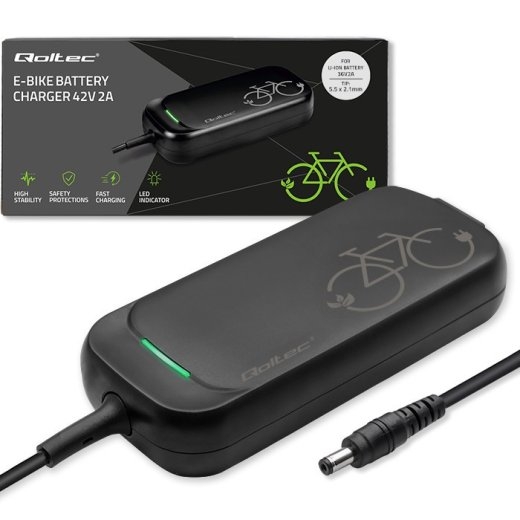 Qoltec 36V Electric Bike & Scooter Charger 42V Output 2A 5.5 × 2.1 mm Connector Waterproof Includes Power Cable