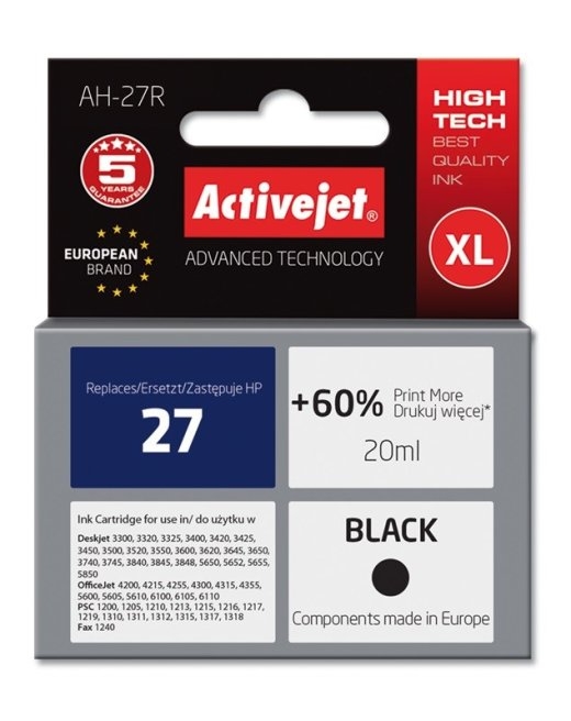 Activejet AH-27R Ink (replacement for HP 27 C8727A; Premium; 20 ml; black)