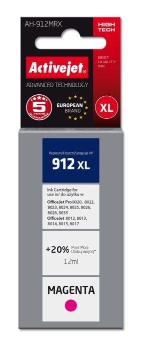 Activejet AH-912MRX Ink (replacement for HP 912XL 3YL82AE; Premium; 990 pages; 12 ml, magenta)