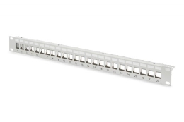 Panel krosowy (patch panel) modularny 19" 24 porty pod moduły keystone, 1U, ekranowany, prowadnica kabli, pola opisowe, szary
