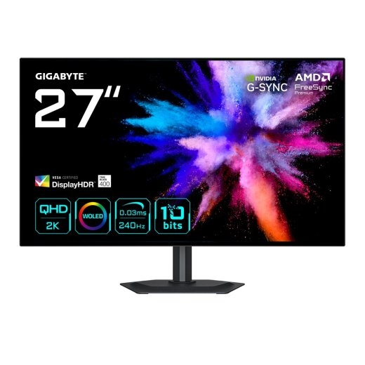 GIGABYTE GO27Q24G 27” OLED 2K QHD Gaming Monitor - 2560 x 1440, 240Hz, 0.03ms, 275 cd/m², FreeSync Premium, G-Sync Compatible, HDMI 2.1, Displaypor...