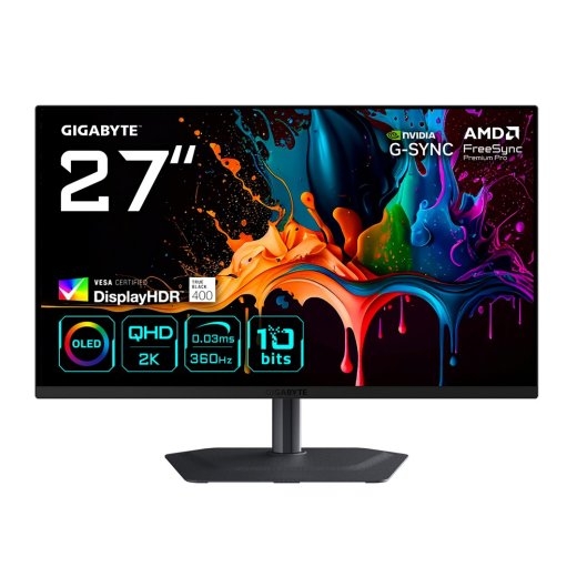GIGABYTE MO27Q3 27” OLED QHD Gaming Monitor - 2560 x 1440, 360Hz, 0.03ms, 250 cd/m², G-Sync Compatible, FreeSync Premium Pro, Display HDR True Blac...