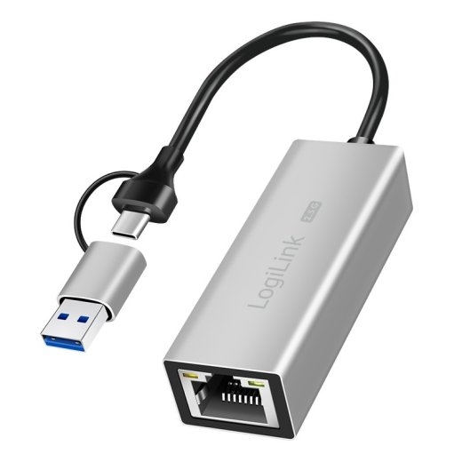 Logilink USB-A/-C to 2, Ethernet adapter, gray