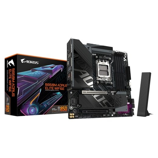 Mainboard GIGABYTE AMD B850 Socket AM5 micro ATX RAM DDR5-SDRAM 4xSlots Wi-Fi Yes Bluetooth Yes 2xNumber of M.2 (M) slots B850M AORUS ELITE WIFI6E...