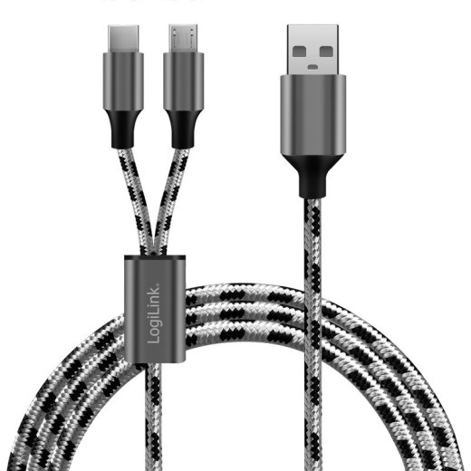 Logilink USB2.0 cable, A/M to micro-USB + USB-C, 1.2m