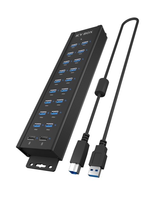 Raidsonic 20-in-1 USB HUB with power supply, on/off button and mounting brackets IB-HUB1720-U3