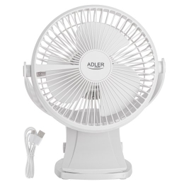 Adler Rechargeable Clip-on Desk Fan AD 7342 Table Fan 5 W Diameter 15.5 cm Number of speeds 3 Oscillation White