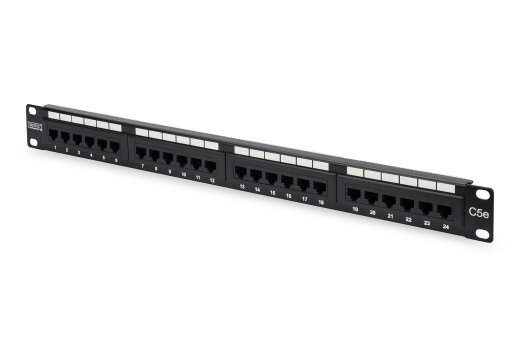 Digitus Patch Panel DN-91524U 48.2 x 4.4 x 10.9 cm Category: CAT 5e; Ports: 24 x RJ45; Retention strength: 7.7 kg; Insertion force: 30N max Black