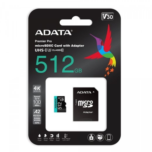 Memory card microSD Premier Pro 512 UHS1 U3 V30 A2 + adapter