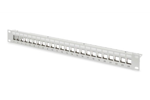 Panel krosowy (patch panel) modularny 19" 24 porty pod moduły keystone, 1U, ekranowany, prowadnica kabli, pola opisowe, szary