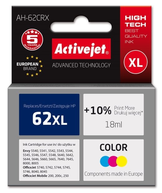 Activejet AH-62CRX ink (replacement for HP 62XL C2P07AE; Premium; 18 ml; color)