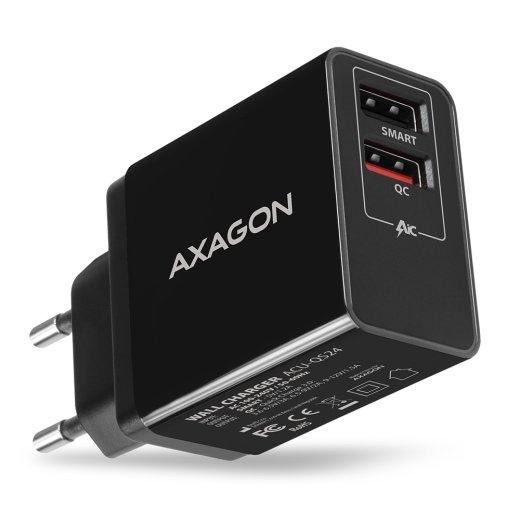 AXAGON Dual wallcharger 240V/2x USB port QC3.0/AFC/FCP and 5V-1.2A, 24W ACU-QS24