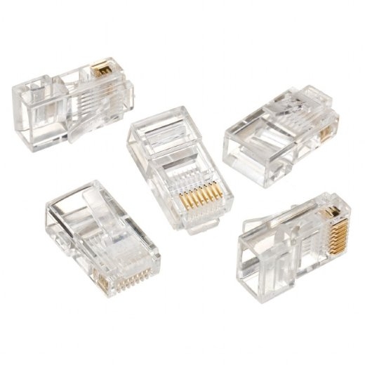 Modular plug 8P8C for solid LAN cable CAT5, UTP, 10 pcs. per bag Modular 8P8C RJ45 plug, 30u” gold plated, 3-fork internal contacts for use with so...
