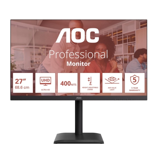 AOC U27E4CV 27 " IPS UHD 16:9 60 Hz 4 ms 3840 x 2160 pixels 400 cd/m² HDMI ports quantity 2 Black