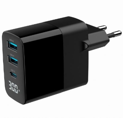 GaN Charger 2xUSB-A 1xC LCD 30W PD QC3.0 black