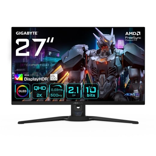 GIGABYTE AORUS FO27Q5P OLED QHD Gaming Monitor - 2560 x 1440, 500Hz, 0.03ms, KVM, 300 cd/m², FreeSync Premium Pro, DisplayHDR True Black 500, Displ...