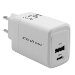 Qoltec 51825 GaN 45W charger 5-20V 1.5-3A 1 x USB-C PD 1x USB QC 3.0 White