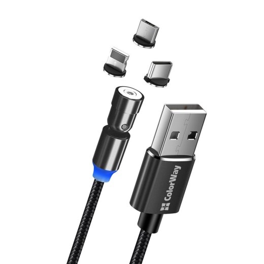 ColorWay Cable 3in1 (Lightning+MicroUSB+Type-C) Magnetic Rotation 540° 2.4А, 1m CW-CBUU037-BK