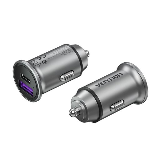 Vention Two-Port USB A+A(30+30) Car Charger Gray Mini Style Aluminium Alloy Type