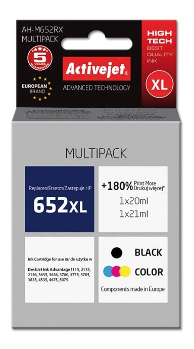 Activejet AH-M652RX ink (replacement for HP 652 F6V25AE/F6V24AE; Premium; 1 x 20 ml, 1 x 21 ml; black, color)