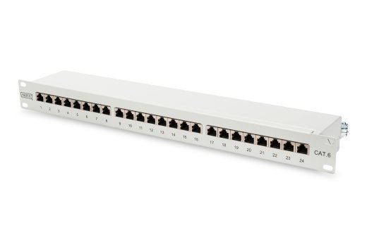 Digitus Patch Panel DN-91624S 48.2 x 4.4 x 10.9 cm Category: CAT 6; Ports: 24 x RJ45; Retention strength: 7.7 kg; Insertion force: 30N max White