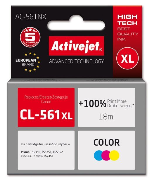 Activejet AC-561NX rašalas (pakeitimas Canon CL-561XL; Supreme; 18 ml; Spalva: Cyan, Magenta, Geltona)