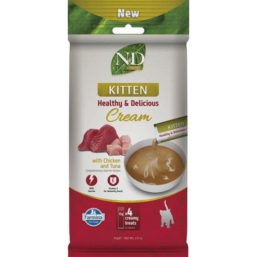 FARMINA N&D Prime Cat Cream with chicken & tuna kitten box – cat treat for kittens – 4x15g