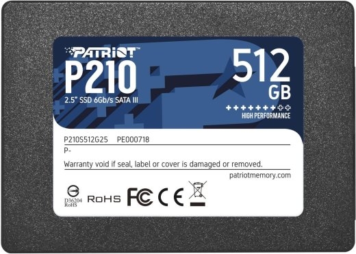 SSD PATRIOT P210 512GB SATA 3.0 Write speed 430 MBytes/sec Read speed 520 MBytes/sec 2,5" TBW 240 TB