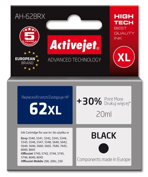 Activejet AH-62BRX ink (replacement for HP 62XL C2P05AE; Premium; 20 ml; black)